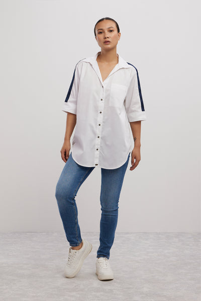 Pallavi Swadi White Navy Ribbon Shirt indian designer wear online shopping melange singapore
