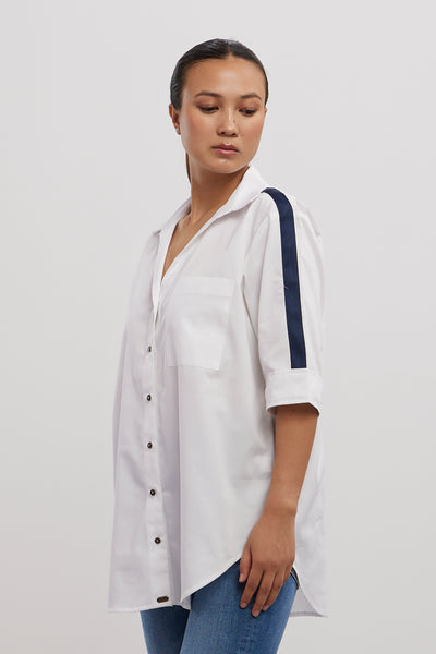 Pallavi Swadi White Navy Ribbon Shirt indian designer wear online shopping melange singapore

