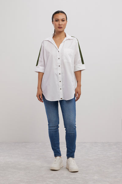 Pallavi Swadi White Olive Ribbon Shirt indian designer wear online shopping melange singapore