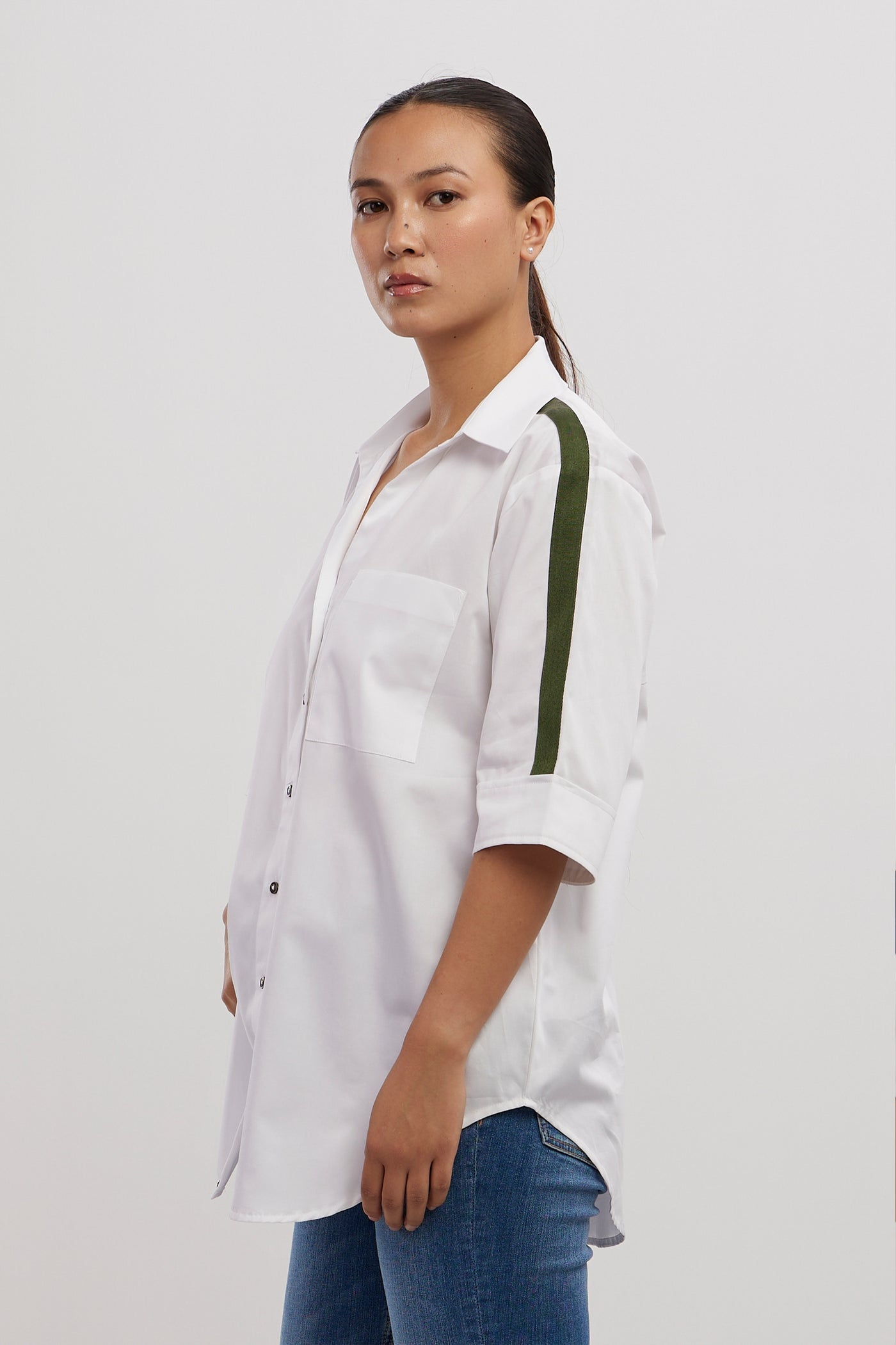 Pallavi Swadi White Olive Ribbon Shirt indian designer wear online shopping melange singapore