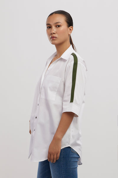 Pallavi Swadi White Olive Ribbon Shirt indian designer wear online shopping melange singapore