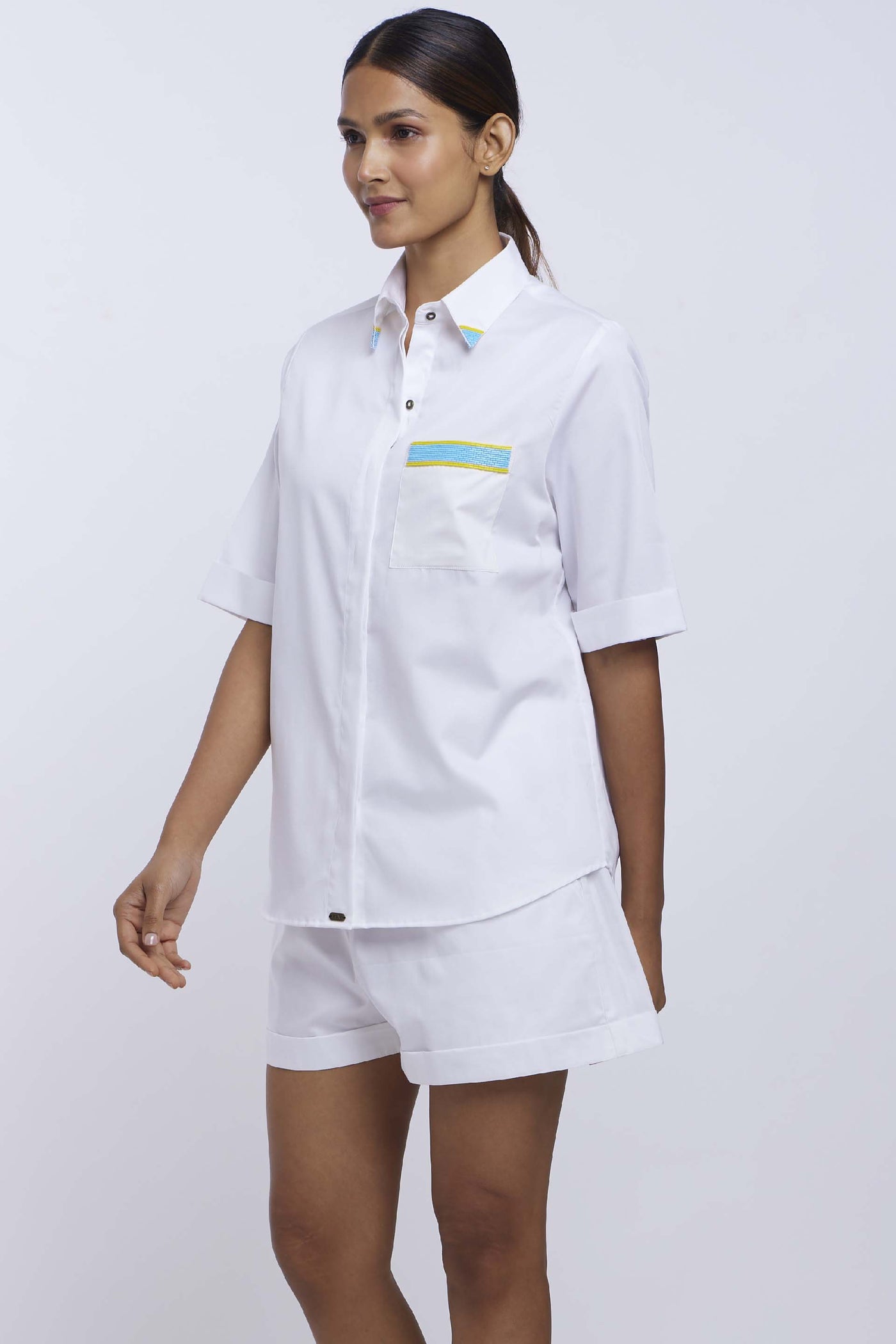 Pallavi Swadi White Shirt with Blue Yellow Pop Shorts Co-ord Set indian designer online shopping melange singapore