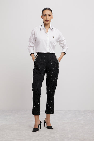 Pallavi Swadi White Tuxedo Small Swarovski Heart Shirt With Swarovski Pants indian designer wear online shopping melange singapore