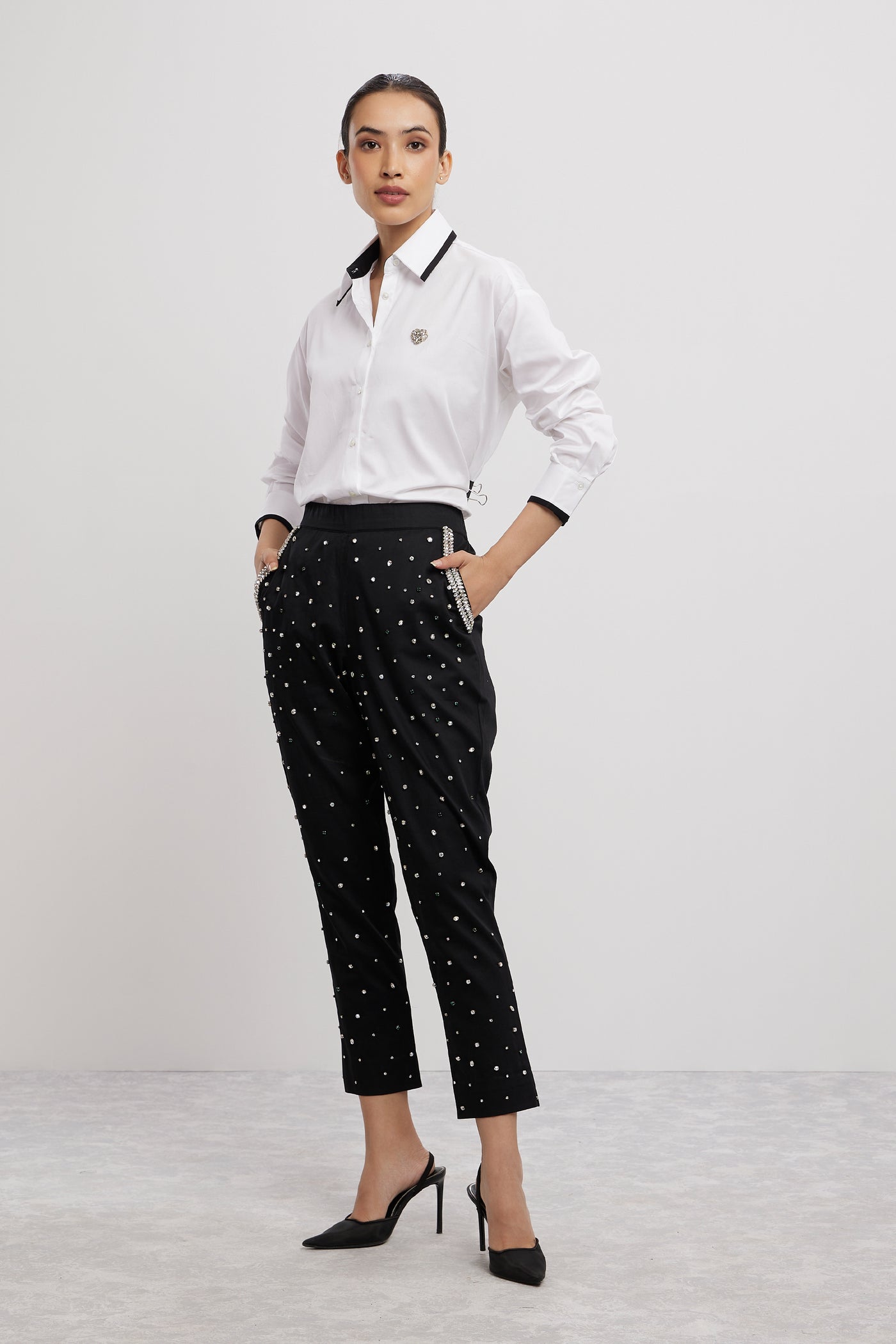 Pallavi Swadi White Tuxedo Small Swarovski Heart Shirt With Swarovski Pants indian designer wear online shopping melange singapore