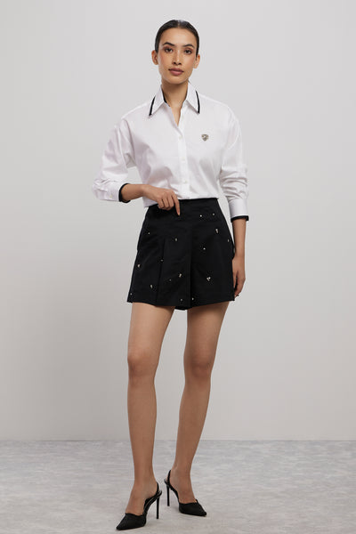 Pallavi Swadi White Tuxedo Small Swarovski Heart Shirt With Swarovski Shorts indian designer wear online shopping melange singapore