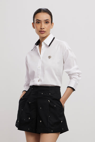 Pallavi Swadi White Tuxedo Small Swarovski Heart Shirt With Swarovski Shorts indian designer wear online shopping melange singapore