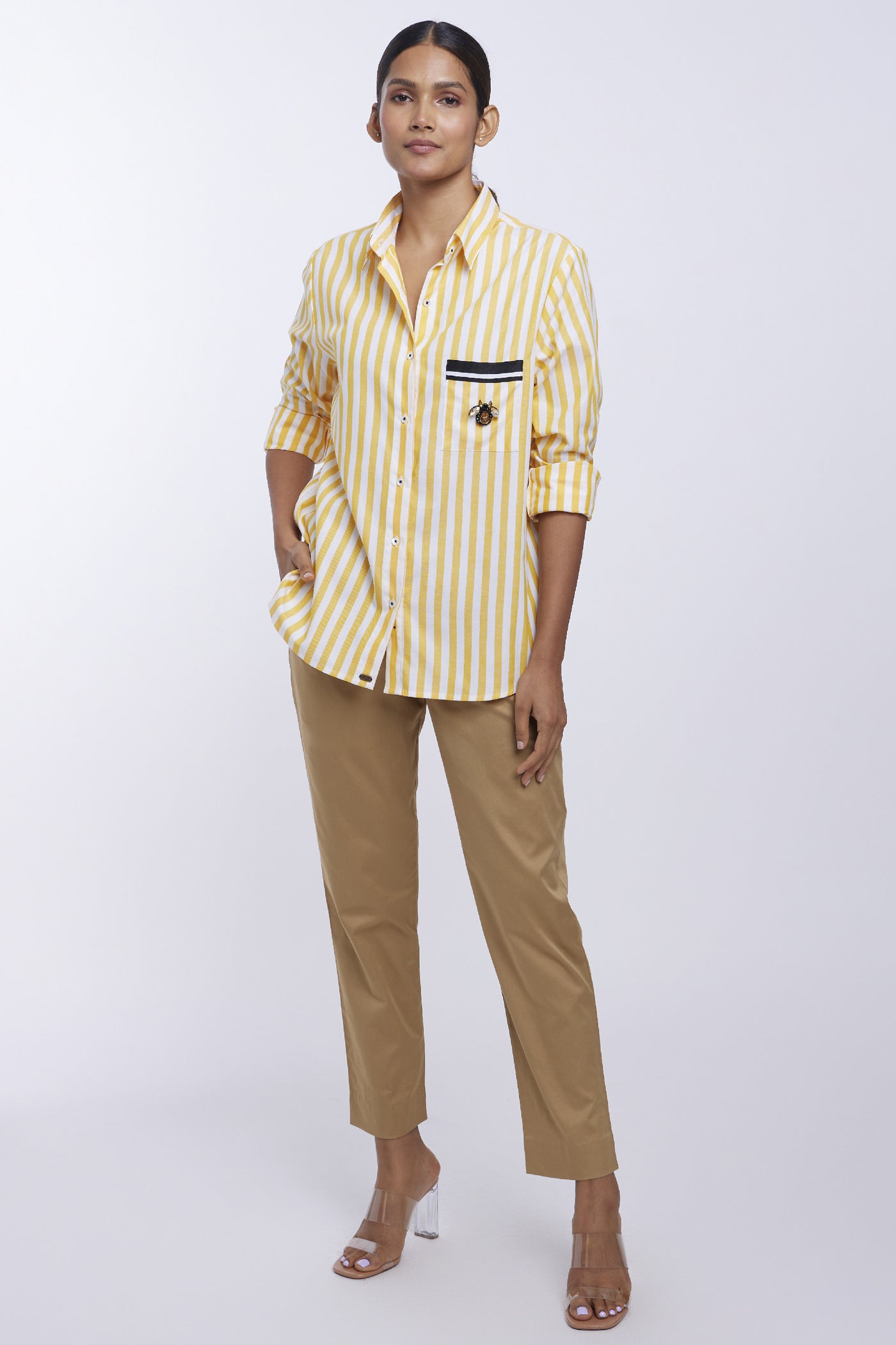 Pallavi Swadi Yellow Stripe Swarovski Beetle Shirt indian designer online shopping melange singapore