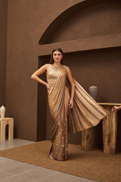 Papa Dont Preach Caramel Crown Pre-stitched Saree indian designer wear online shopping melange singapore