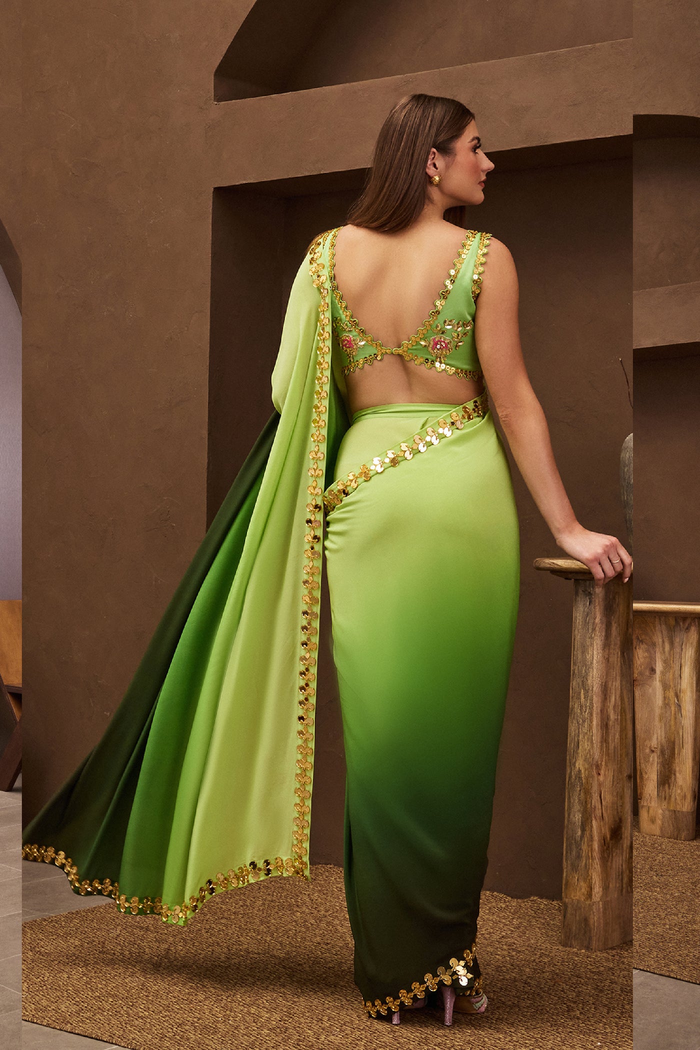 Papa Dont Preach Green Gleam Pre-stitched Saree indian designer wear online shopping melange singapore