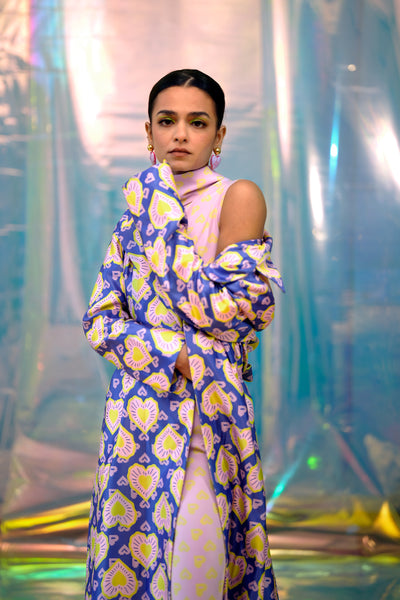 Papa dont preach Blue Trench Coat In Blinding Pac Street Hearts indian designer wear online shopping melange singapore 