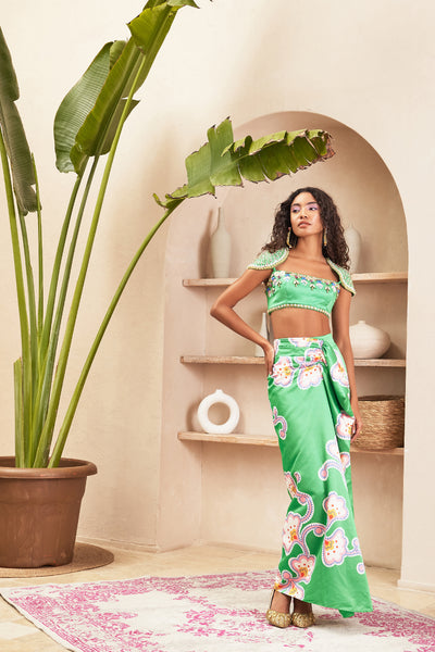 Papa dont preach Emberly Green Draped Skirt And Top With Shoulder Caps indian designer wear online shopping melange singapore 