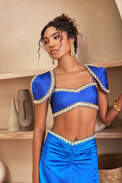 Papa dont preach Fulmine Blue Balloon Skirt With Bustier And Shoulder Caps indian designer wear online shopping melange singapore Front