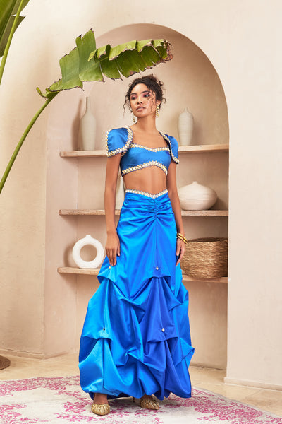 Papa dont preach Fulmine Blue Balloon Skirt With Bustier And Shoulder Caps indian designer wear online shopping melange singapore Front