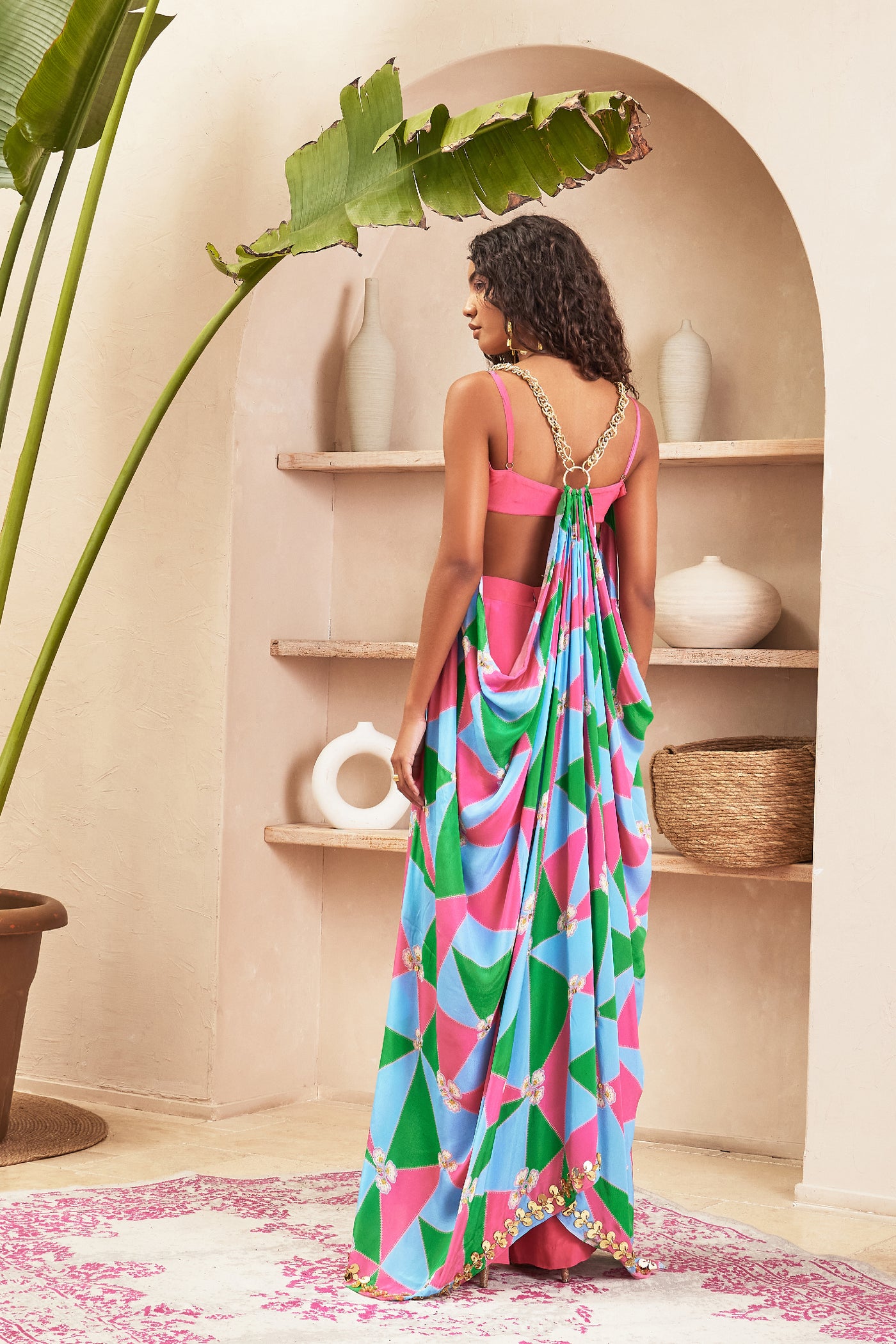 Papa dont preach Gabriella Pink Pant And Bustier With Multi Color Jacket Set indian designer wear online shopping melange singapore