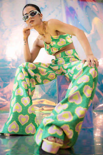 Papa dont preach Green Flared Pants In Blinding Hearts indian designer wear online shopping melange singapore 