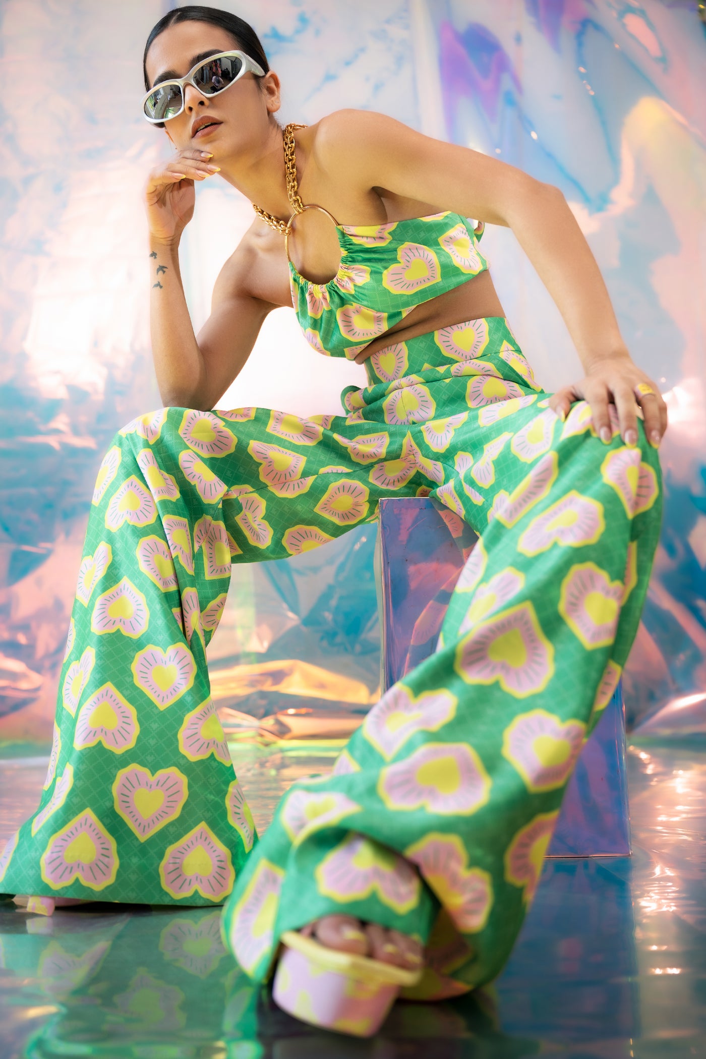 Papa dont preach Green Ring Bralette And Pants Set In Blinding Hearts indian designer wear online shopping melange singapore 