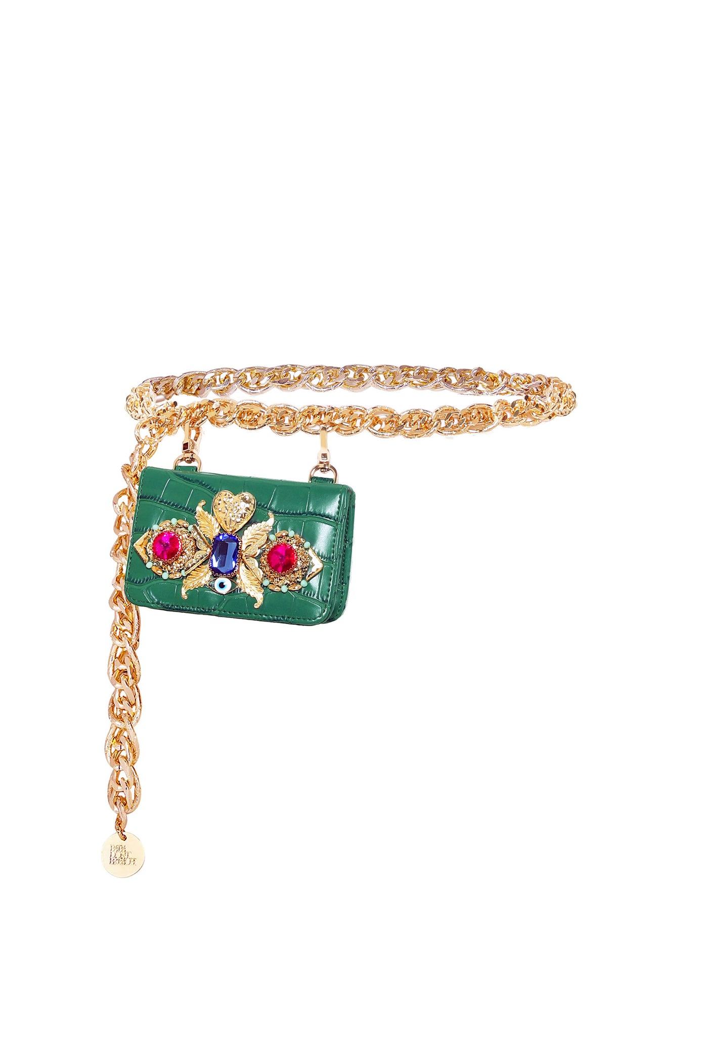 Papa Dont Preach Accessories Sacramento Green Embellished Chain Link Belt Bag indian designer wear online shopping melange singapore