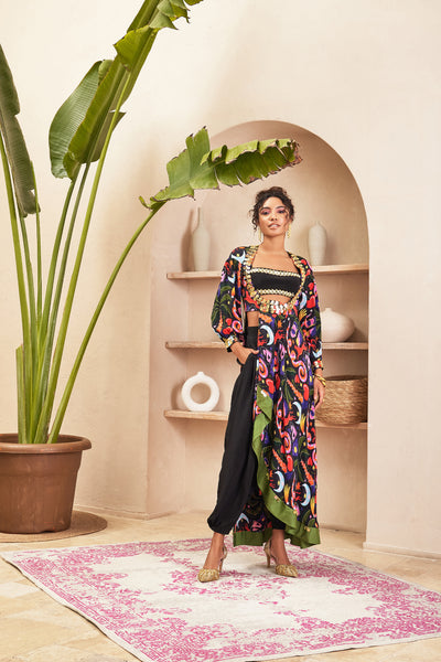 Papa dont preach Sloane Black Jungle Print Jacket With Dhoti Pant And Top indian designer wear online shopping melange singapore