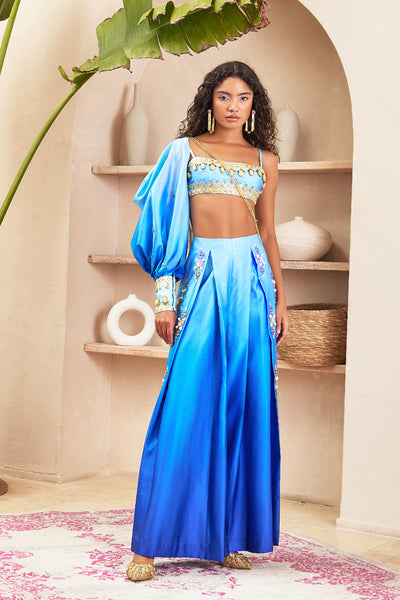Papa dont preach Wynter Blue Ombre Pants with Bustier and Solo Sleeve indian designer wear online shopping melange singapore