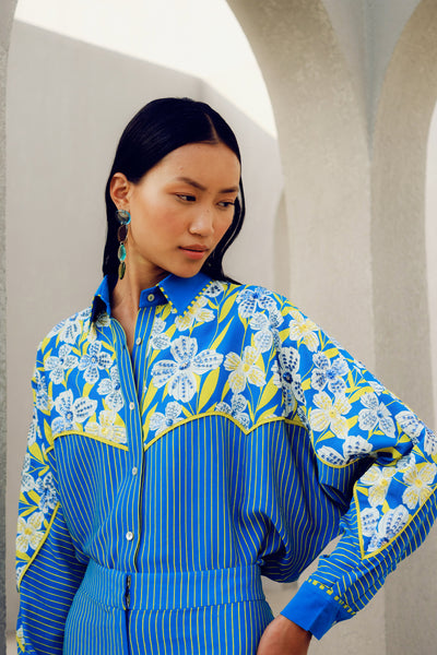 Pooja Rajgarhia Gupta Blue Print Play Kimono Shirt indian designer wear online shopping melange singapore