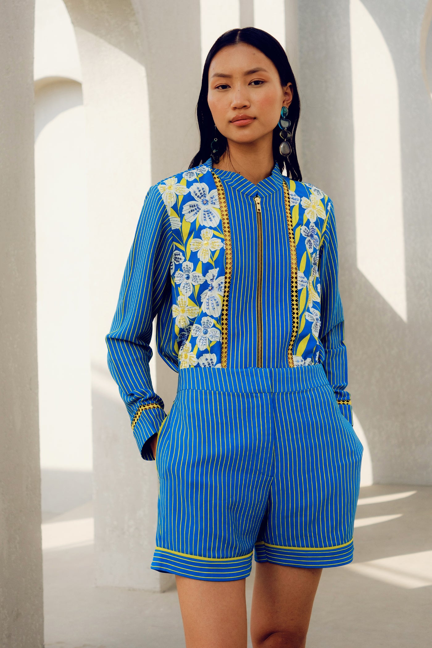 Pooja Rajgarhia Gupta Blue Stripe Shorts indian designer wear online shopping melange singapore