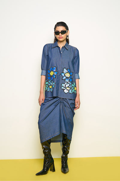 Pooja Rajgarhia Gupta Denim Wildflower Shirt indian designer wear online shopping melange singapore
