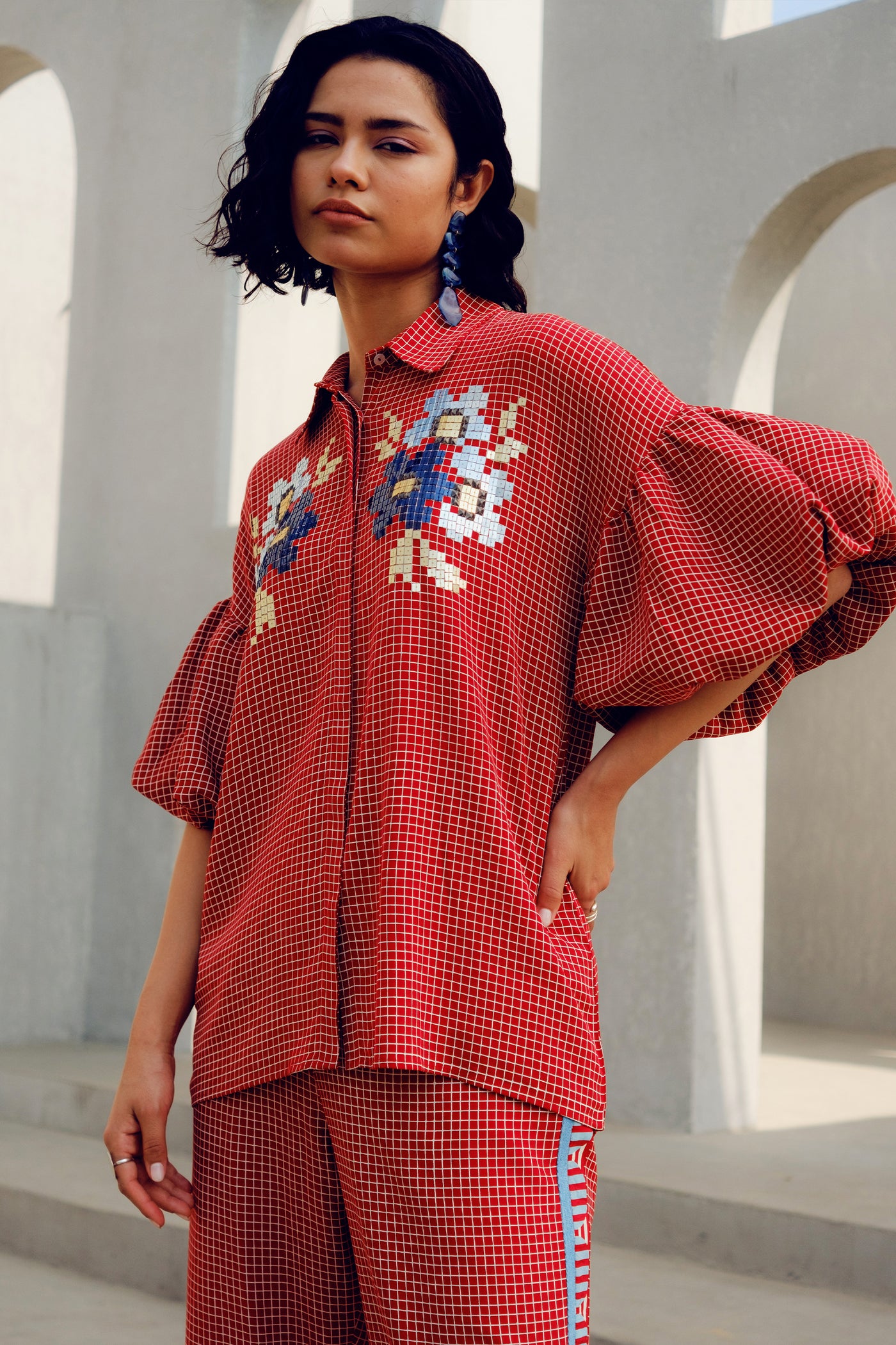 Pooja Rajgarhia Gupta Red Balloon Sleeve Co-ord indian designer wear online shopping melange singapore