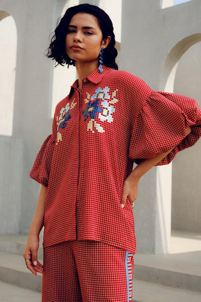 Pooja Rajgarhia Gupta Red Balloon Sleeve Co-ord indian designer wear online shopping melange singapore