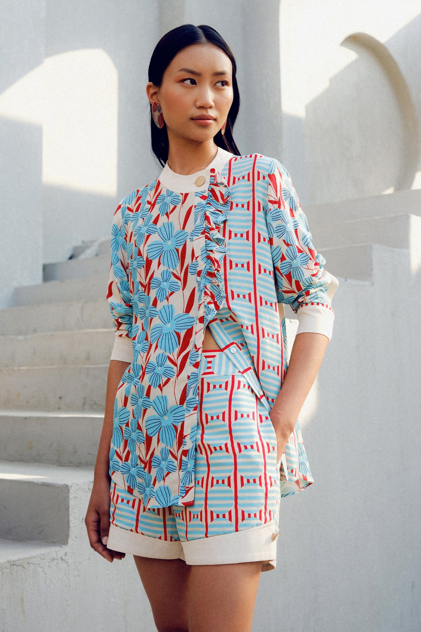 Pooja Rajgarhia Gupta White Print Play Frill Shirt indian designer wear online shopping melange singapore