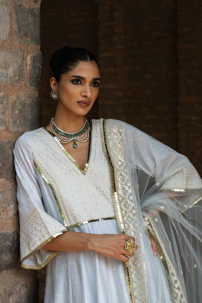 Preevin Big Border Ice Blue Anarkali With Pants indian designer wear online shopping melange singapore 