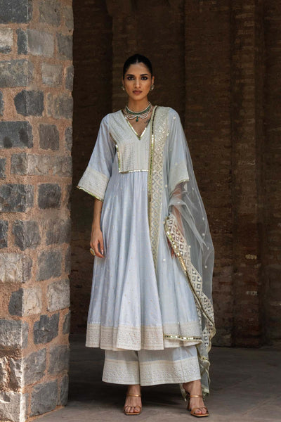 Preevin Big Border Ice Blue Anarkali With Pants indian designer wear online shopping melange singapore 