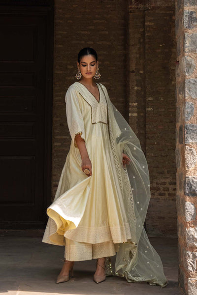 Preevin Big Border Lemon Anarkali With Pants indian designer wear online shopping melange singapore
