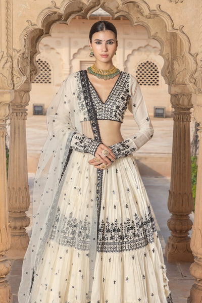 Preevin Black White Lotus Lehenga With Embroidered Dupatta indian designer wear online shopping melange singapore
