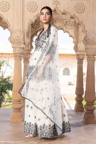 Preevin Black White All Over Ambi Embroidered Peplum Sharara With Dupatta indian designer wear online shopping melange singapore