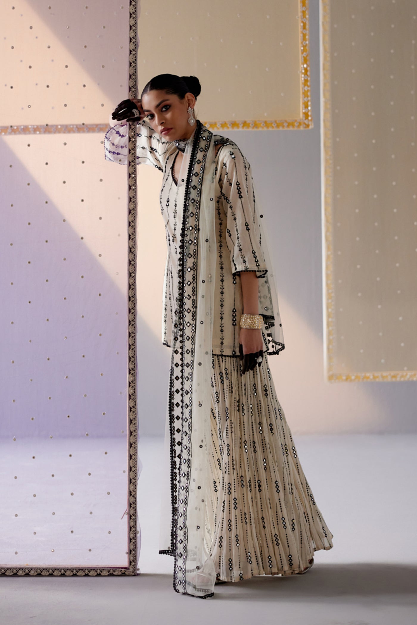 Preevin Black White 2d 3d Bail Straight Sharara With Dupatta indian designer wear online shopping melange singapore