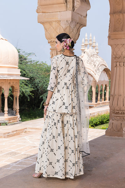 Preevin Black White Bk All Over Embroidered Peplum Sharara With Dupatta indian designer wear online shopping melange singapore