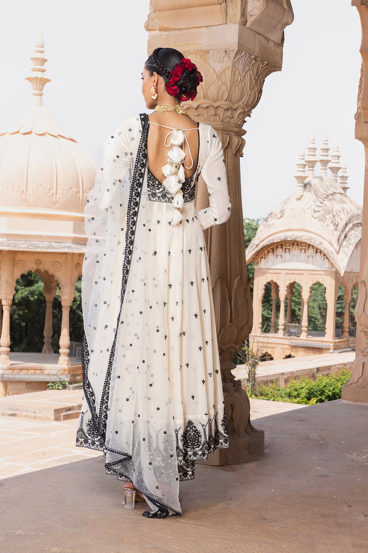 Preevin Black And White Big Tower Anarkali With Embroidered Dupatta indian designer wear online shopping melange singapore