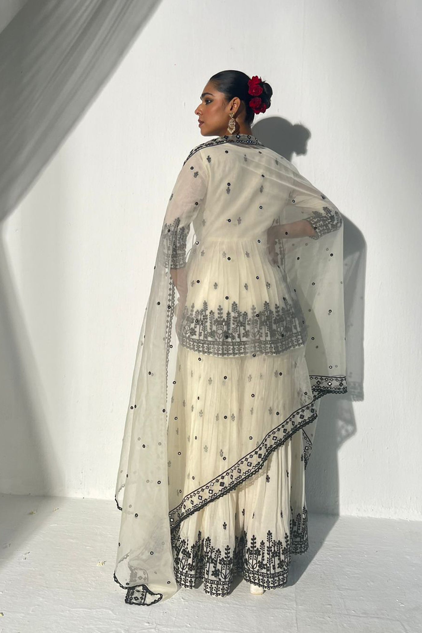Preevin Black White Lotus Peplum Sharara indian designer wear online shopping melange singapore