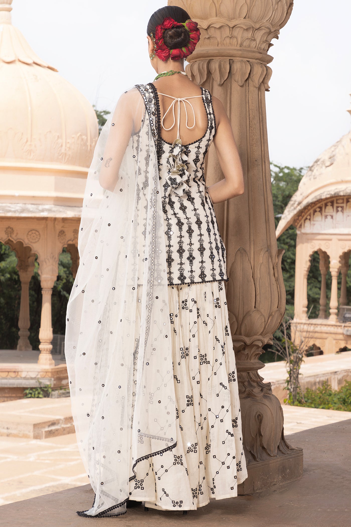 Preevin Black White Sk Bk All Over Embroidered Straight Sharara With Dupatta indian designer wear online shopping melange singapore