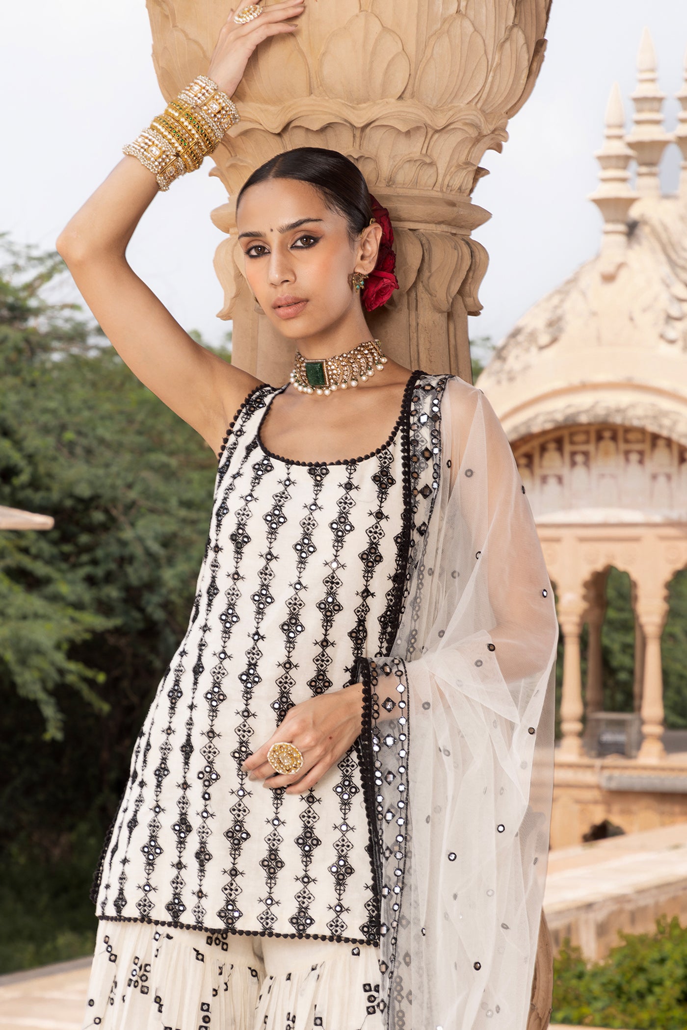 Preevin Black White Sk Bk All Over Embroidered Straight Sharara With Dupatta indian designer wear online shopping melange singapore