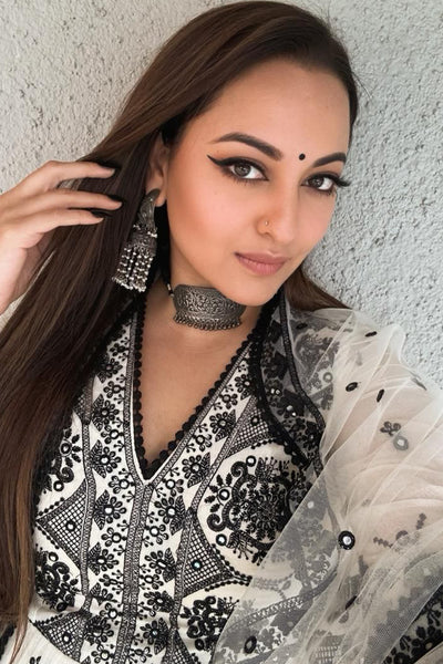 Preevin Black White All Over Embroidered Tower Peplum Sharara With Dupatta indian designer wear online shopping melange singapore