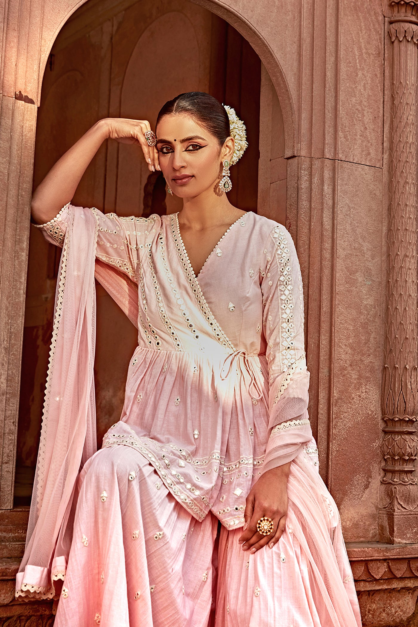 Preevin Blush Pink All Three Peplum Sharara indian designer wear online shopping melange singapore