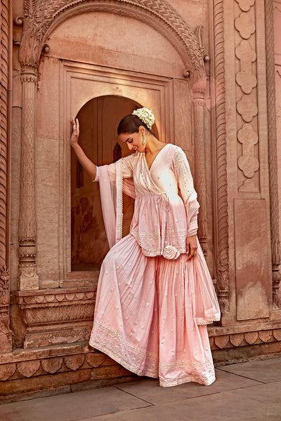 Preevin Blush Pink All Three Peplum Sharara indian designer wear online shopping melange singapore