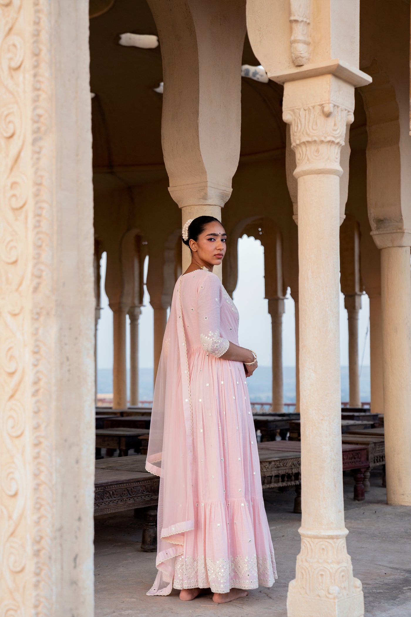 Preevin Blush Pink Diamond Angrakha indian designer wear online shopping melange singapore
