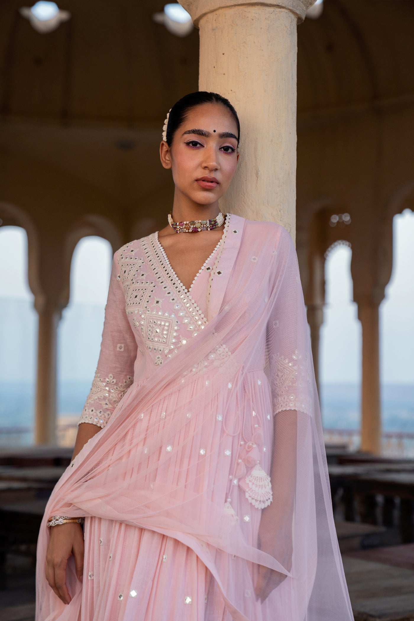 Preevin Blush Pink Diamond Angrakha indian designer wear online shopping melange singapore