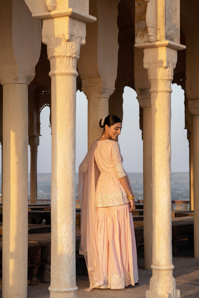 Preevin Blush Pink Diamond Peplum Sharara indian designer wear online shopping melange singapore