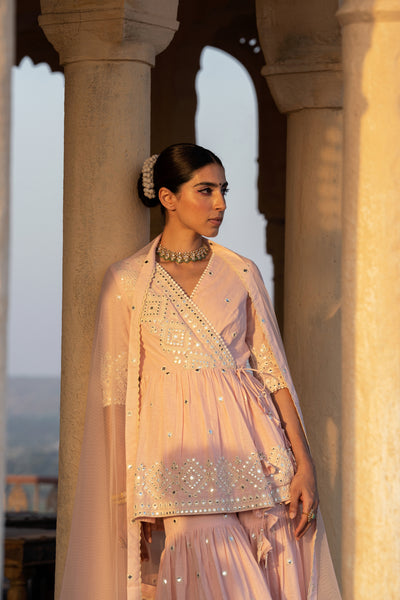 Preevin Blush Pink Diamond Peplum Sharara indian designer wear online shopping melange singapore