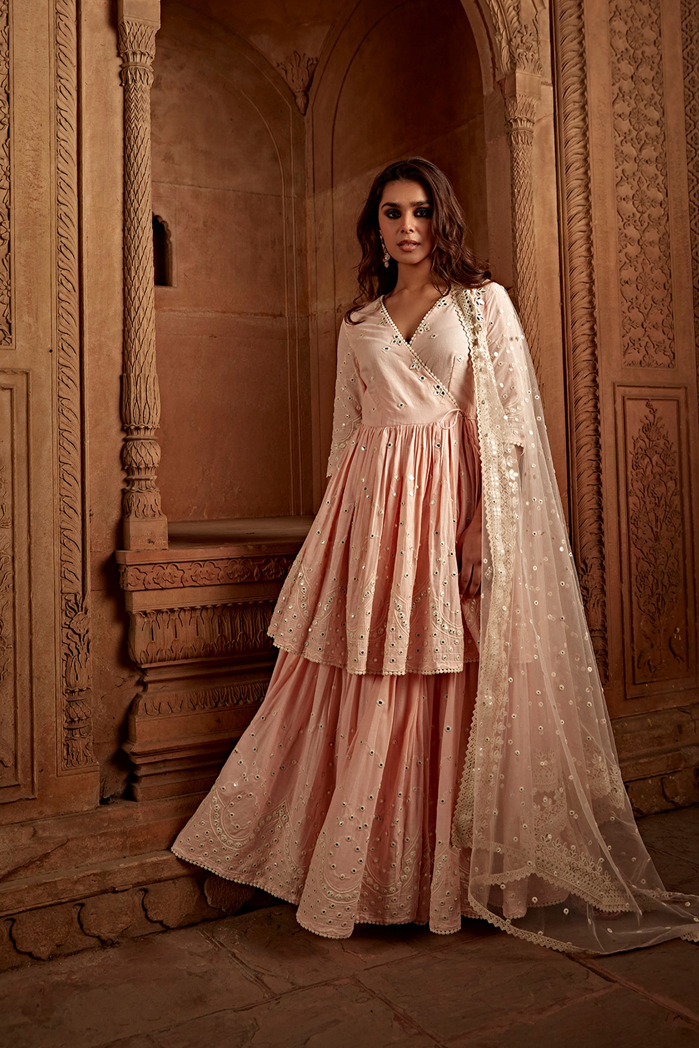 Preevin Blush Pink Double Layer All Over Barfi Embroidered Angrakha indian designer wear online shopping melange singapore