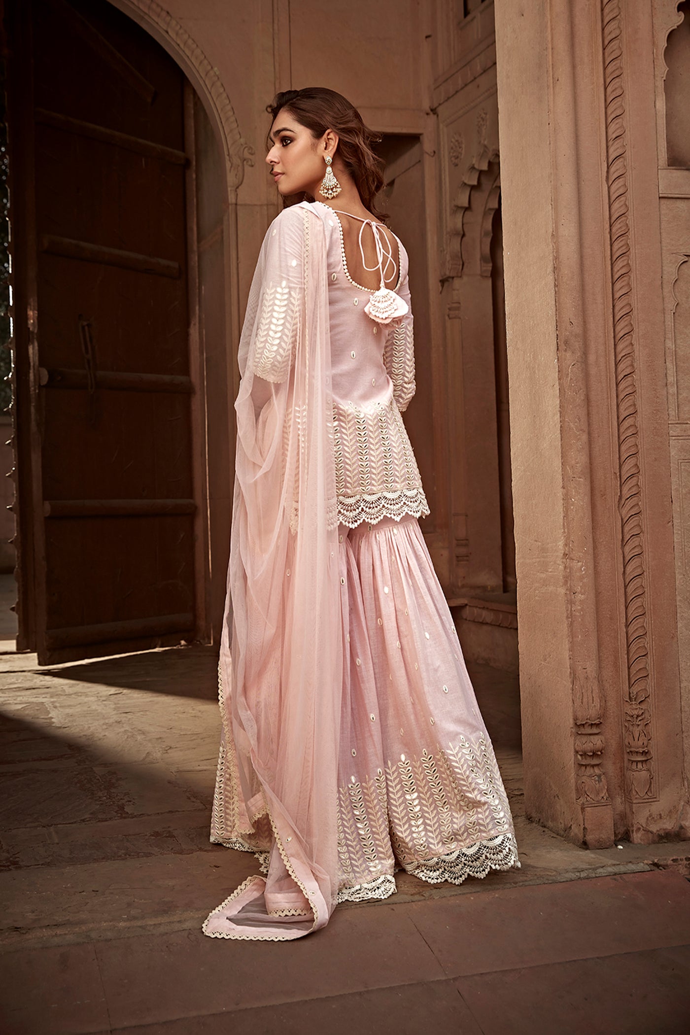 Preevin Blush Pink Leaf Straight Sharara indian designer wear online shopping melange singapore