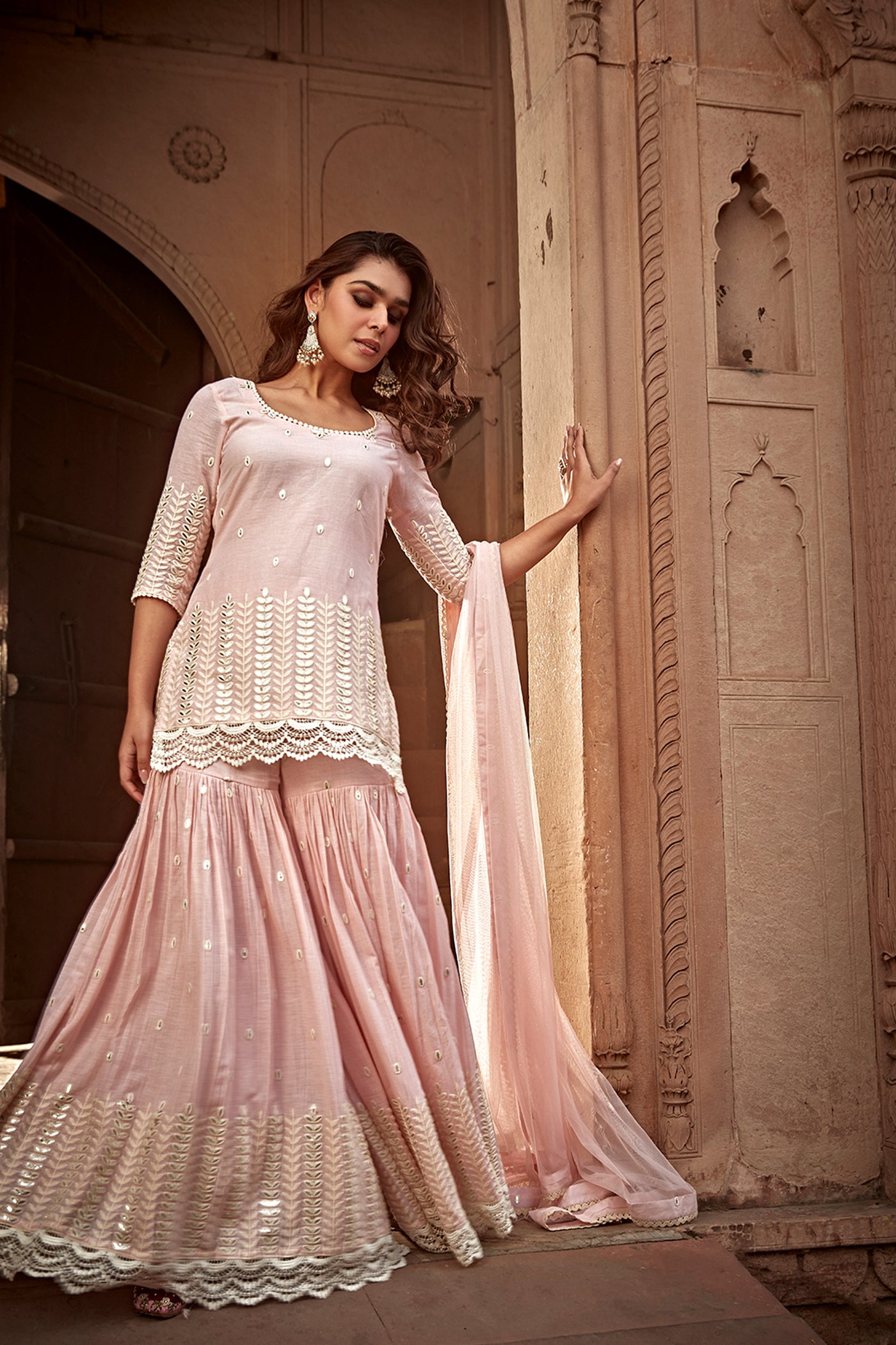 Preevin Blush Pink Leaf Straight Sharara indian designer wear online shopping melange singapore